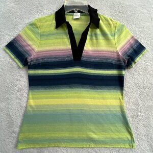 Paul Smith V Neck Contrast Collar T Shirt Womens XL Green Blue Striped Preppy